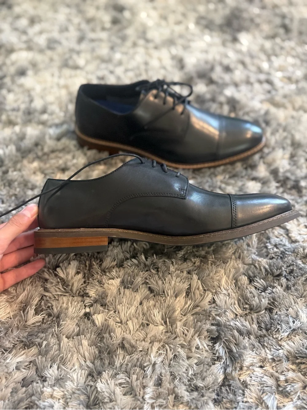 Vince Camuto Black Leather Cap-Toe Derby Shoes with Brown Welt